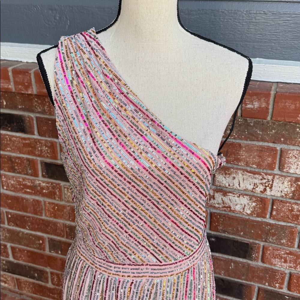 Laundry By Shelli Segal Pink Gold Metallic One Shoulder Midi Dress Size 12 NWT - Picture 2 of 7